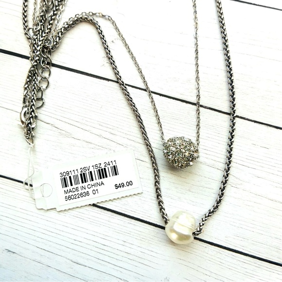 New NWT J. Jill Silver Classic Layered Pearl Rhinestone Crystal Necklace $49 Tag - Picture 2 of 4